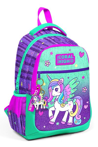 Coral High Rucsac școlar cu trei compartimente pentru copii, mov, verde, unicorn 23487