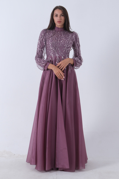 Feminist Lavender Hijab Evening Dress - Sequin Bead Embroidered, Model6502450