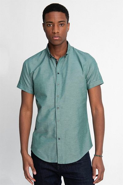 Tudors Ανδρικό βαμβακερό μπλουζάκι Oxford Green Slim Fit - Easy Iron, κοντό μανίκι, γιακάς με κουμπιά