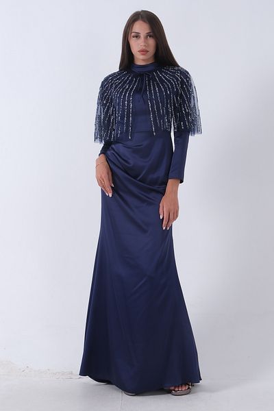 Feminist Navy Blue Hijab Evening Dress - Mobile Collar, Shawl Ayrobin Added6502477