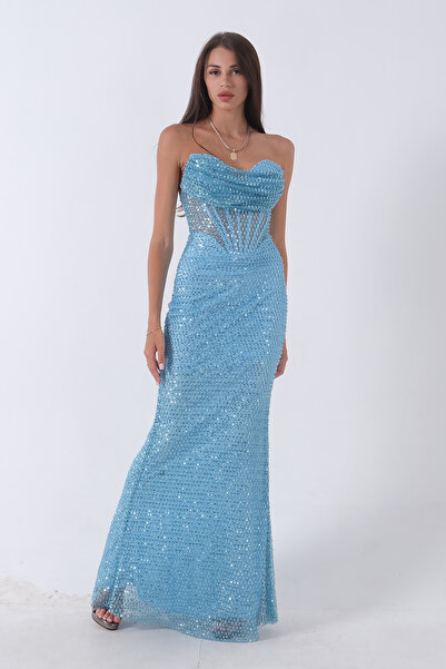 Feminist Μπλε στράπλες παγιέτες με πέτρα κεντημένο βραδινό φόρεμα ψαριού - 9705304