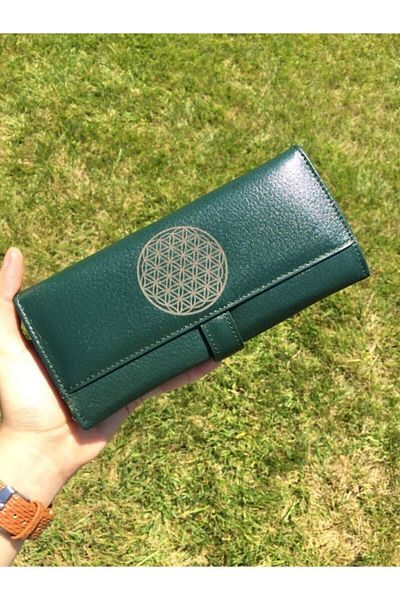 DERKON Green Genuine Leather Women's Wallet with Flowers of Life