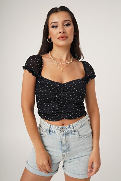 Hipo Trend Tül Detaylı Drapeli Puantiye Desen Siyah Bluz