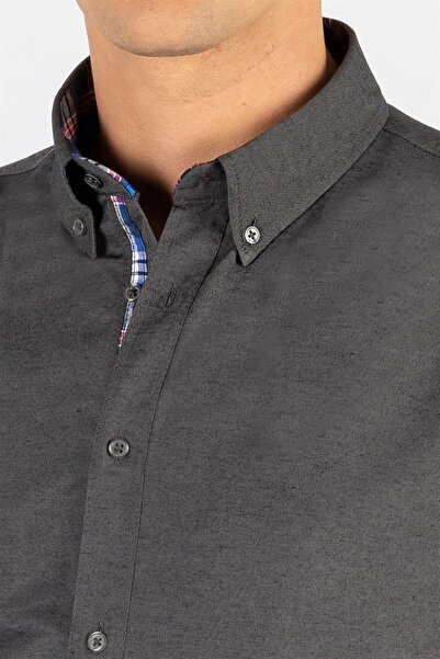 Tudors Men's Gray Oxford Slim Fit Shirt - Easy Iron, Short Sleeve, Buttoned Collar