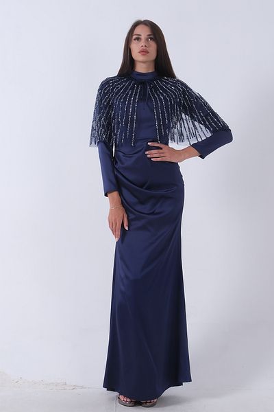 Feminist Navy Blue Hijab Evening Dress - Mobile Collar, Shawl Ayrobin Added6502477