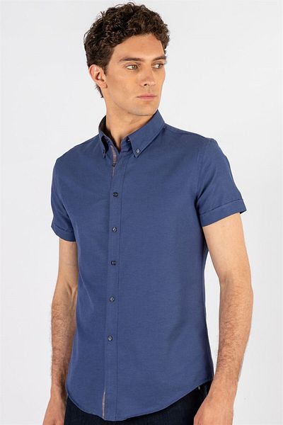 Tudors Ανδρικό πουκάμισο Indigo Slim Fit - Βαμβακερό Oxford, γιακά με κουμπί, κοντό μανίκι