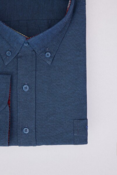 Tudors Erkek Big Size Büyük Beden Uzun Kollu Pamuklu Oxford Doku Tek Cepli Indigo Düğmeli Yaka Gömlek