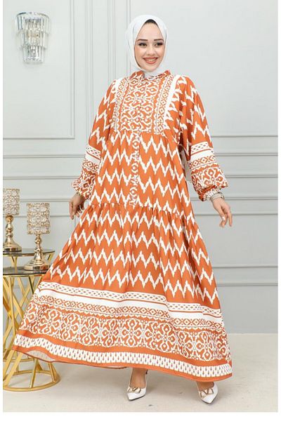 sefamerve Tobacco Digital Printed Hijab Dress - 0300-04
