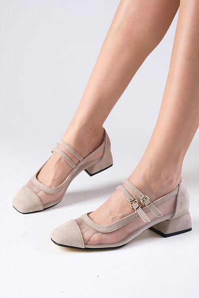 Mio Gusto Isabel Beige Suede Blunt Toe Mesh Detailed Women's Short Heeled Shoes