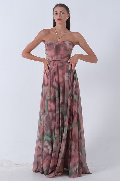 Feminist Patterned Strapless Silver Evening Dress - Powder9705310