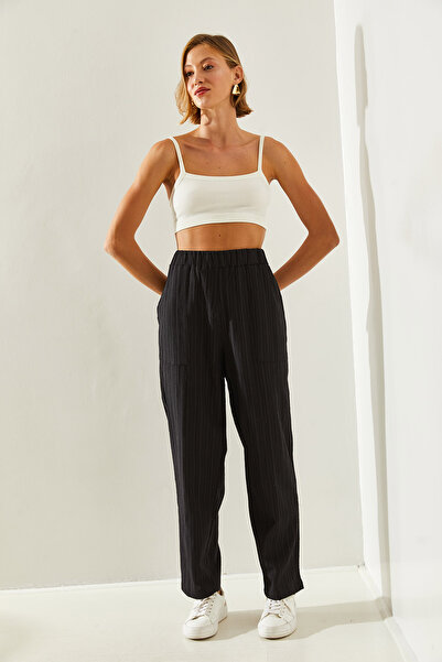 Bianco Lucci Dámské kalhoty s lněnou texturou – velká kapsa, elastický pas60251292