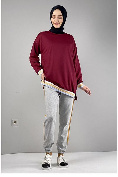 sefamerve Graue senffarbene, gestreifte, detaillierte Jogginghose – 1073-03