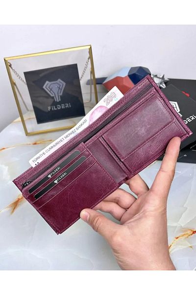 Fil Deri Men's Wallet - Genuine Leather, Coin Compartment, Zipper