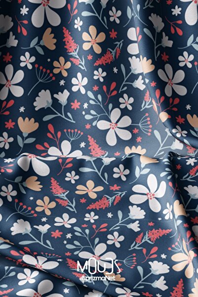Moud's Navy Blue Mini Floral Patterned Suede Texture - 155cm Kms-38
