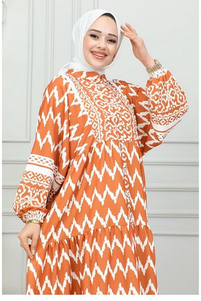 sefamerve Tobacco Digital Printed Hijab Dress - 0300-04