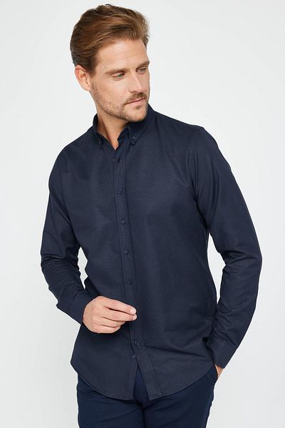 Tudors Navy Blue ανδρικό πουκάμισο Oxford - λεπτή εφαρμογή, μακρύ μανίκι, γιακάς με κουμπιά