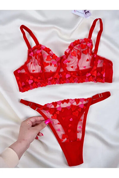 Genel Markalar Balenli Sütyen Takımı Kırmızı Kalpli Dantelli Iç Çamaşırı Takımı
