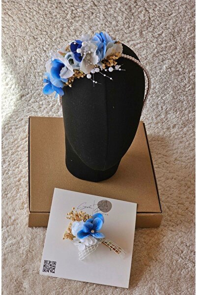 çiğdem kaya design Перлено синя лента за коса с флорални мотиви и брошка за р...