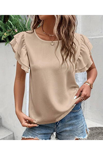 TANLA BUTİK Crew Neck Sleeves Flounces Εισαγόμενη μπλούζα κρεπ