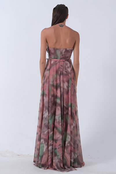 Feminist Patterned Strapless Silver Evening Dress - Powder9705310