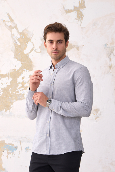 RAVANELLI Giza Men's - Black-White Striped Slim Fit Linen Look Cotton Shirt