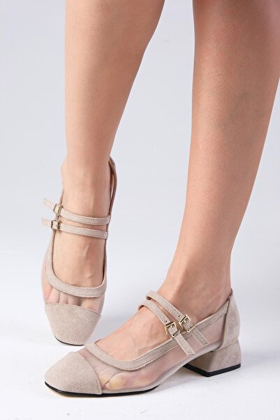 Mio Gusto Isabel Beige Suede Blunt Toe Mesh Detailed Women's Short Heeled Shoes