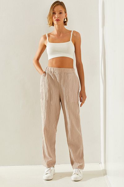Bianco Lucci Linen Textured Women's Trousers - Large Pocket, Elastic Waist,60251292
