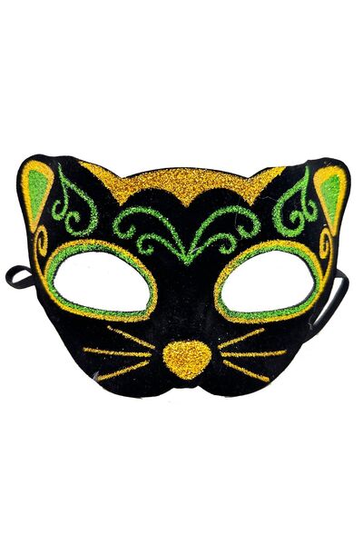 moysahsap party&ahşap Black Velvet Coated Cat Mask with Yellow Green Glitter ...