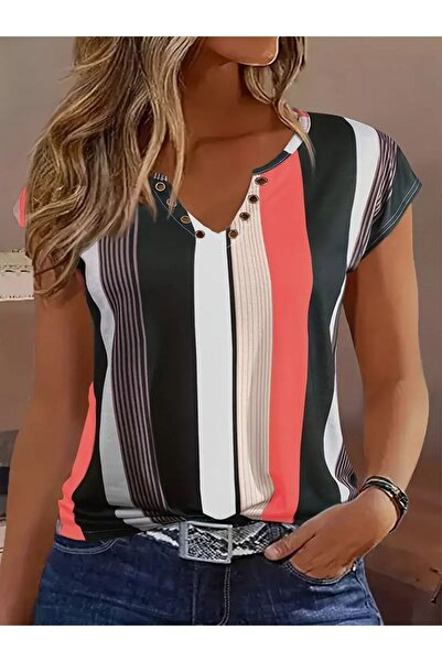 TANLA BUTİK Γυναικείο γιακά Bird Eye Λεπτομέρεια ριγέ μπλούζα μονό ζέρσεϊ