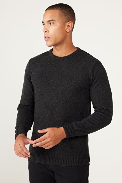 AC&Co / Altınyıldız Classics Men's Anthracite Wool Standard Fit Regular Cut Crew Neck Jacquard Knitwear Sweater