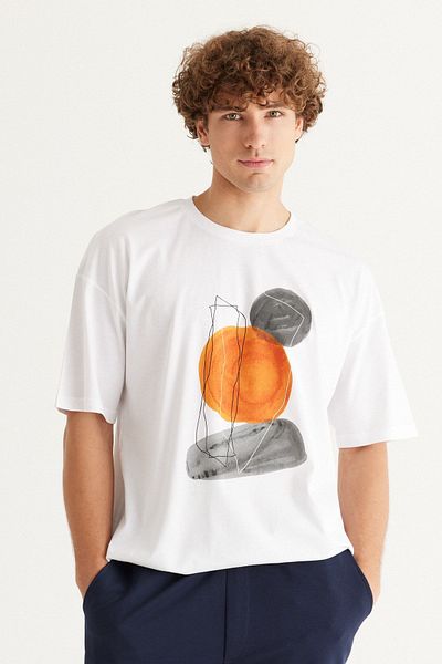 AC&Co / Altınyıldız Classics Men's White Oversize Loose Cut Crew Neck 100% Cotton Printed T-Shirt
