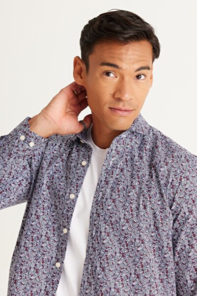 AC&Co / Altınyıldız Classics Pánská námořnická modrá-Claret Red Slim Fit Slim Fit Slim Fit italský límeček 100% bavlna s potiskem