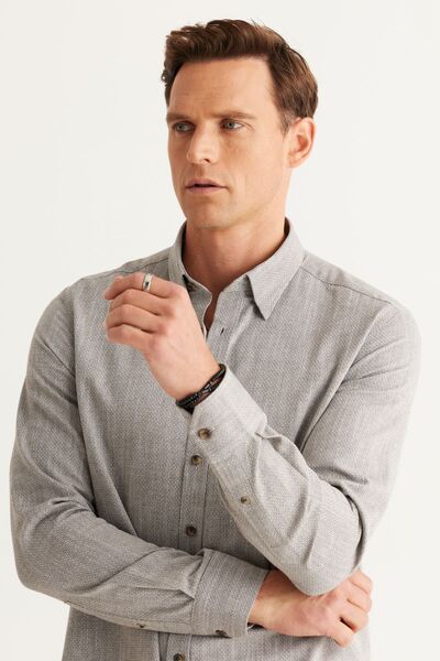 ALTINYILDIZ CLASSICS Erkek Haki Slim Fit Dar Kesim Gizli Düğmeli Yaka Pamuklu Armürlü Gömlek