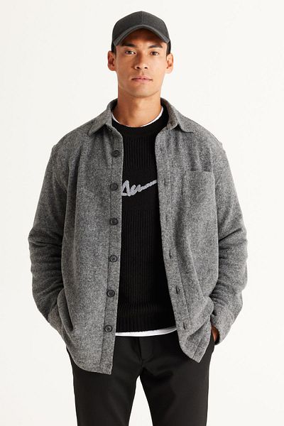 ALTINYILDIZ CLASSICS Men's Gray Oversize Wide Cut Classic Collar Woolen Gray Patterned Flannel Winter Shirt Jacket