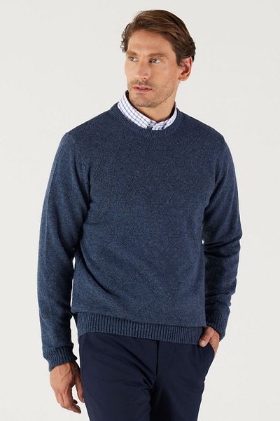 AC&Co / Altınyıldız Classics Pulover pentru bărbați, albastru, din lână, cu croială obișnuită, cu decolteu, jacquard