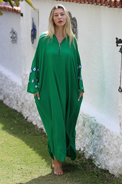 Chiccy Yeşil Kapüşonlu Uzun Kol Fermuarlı Baskılı Long Fit Dokuma Oversize Casual Elbise