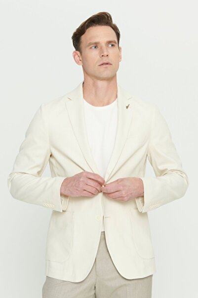 AC&Co / Altınyıldız Classics Men's Beige Slim Fit Slim Fit Linen Mono Collar Blazer Jacket with Bag Pocket