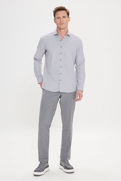 ALTINYILDIZ CLASSICS Pánská šedá bavlněná košile Dobby Slim Fit - klasický límec