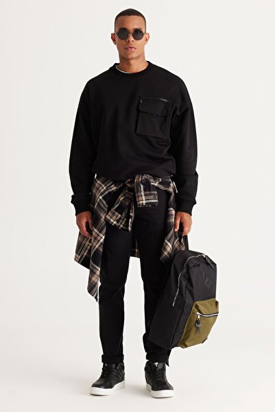 AC&Co / Altınyıldız Classics Men's Black Oversize Loose Cut Fleece Thread Crew Neck 100% Cotton Sweatshirt