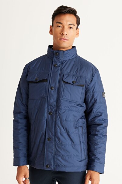 ALTINYILDIZ CLASSICS Men's Navy Blue Standard Fit Regular Cut Stand Collar Coat