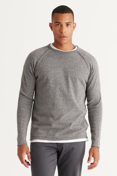 AC&Co / Altınyıldız Classics Men's Grey-ecru Standard Fit Regular Cut Crew Neck Cotton Muline Patterned Knitwear Sweater