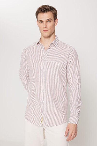 AC&Co / Altınyıldız Classics Ανδρικό πουκάμισο από λινό Comfort Fit - Καφέ-Λευκό ριγέ, Χαλαρή εφαρμογή, Κλασικός γιακάς