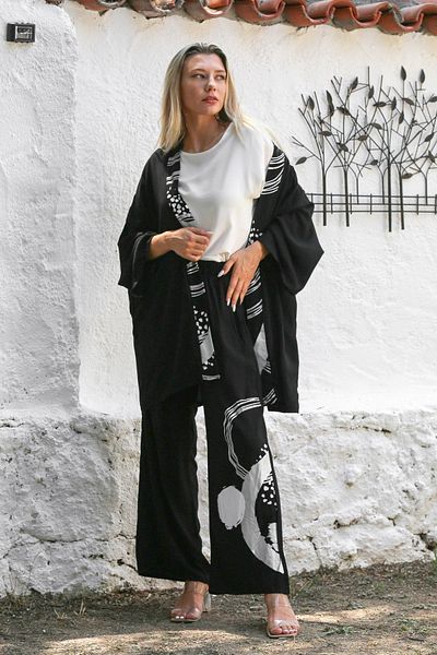 Chiccy Large Size Black Woven Casual Set - Long Sleeve, Elastic Waist, Wide Leg