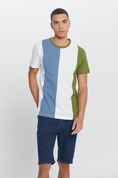 AC&Co / Altınyıldız Classics Erkek Ekru-Haki Standart Fit Normal Kesim %100 Pamuk Baskılı Bisiklet Yaka Tişört