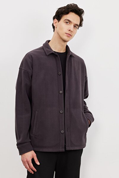 AC&Co / Altınyıldız Classics Men's Anthracite Oversize Loose Cut Classic Collar Non-Pilling Winter Comfortable Fleece Shirt