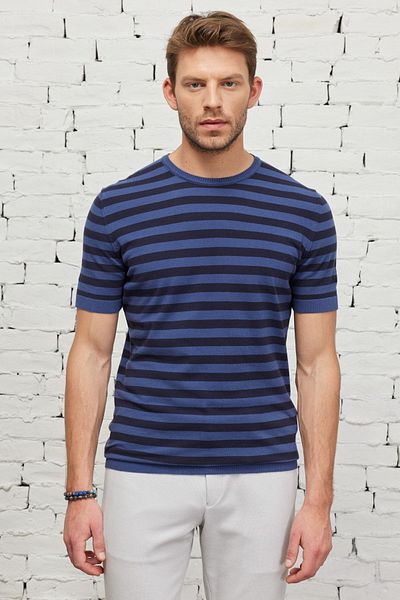 ALTINYILDIZ CLASSICS Πλεκτό μπλουζάκι ανδρικό Navy-Indigo Standard Fit Regular Cut Crew Neck βαμβακερό ριγέ πλεκτό μπλουζάκι