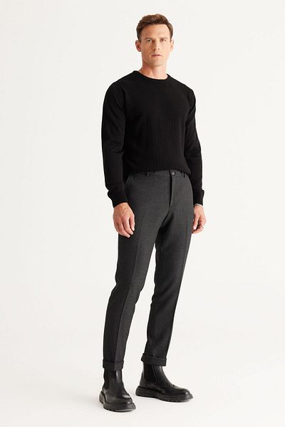 ALTINYILDIZ CLASSICS Men's Anthracite Slim Fit Narrow Cut Tie Waist Patterned Flexible Trousers