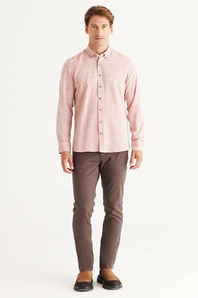 AC&Co / Altınyıldız Classics Ανδρικό καφέ Slim Fit Slim Fit 100% βαμβακερό γιακά με κουμπί Dobby πουκάμισο