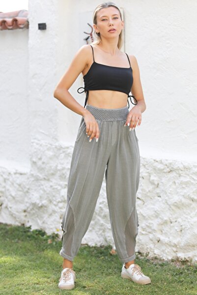 Chiccy Gri Cepli File Detaylı Yıkamalı Dokuma Lastikli Bel Jogger Paça Casual Pantolon