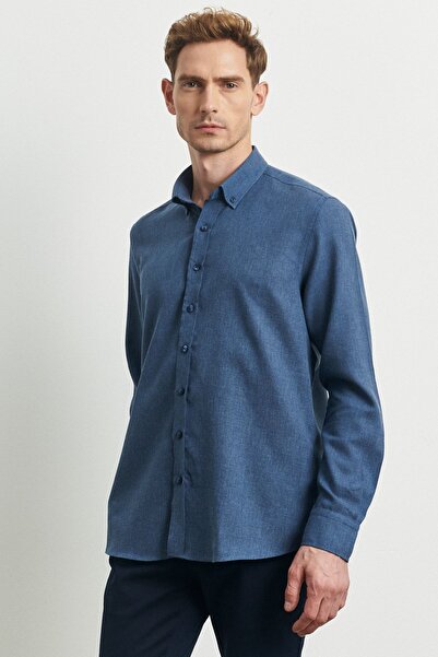 ALTINYILDIZ CLASSICS Men's Indigo Slim Fit Slim Fit Button Collar Flannel Lumberjack Shirt